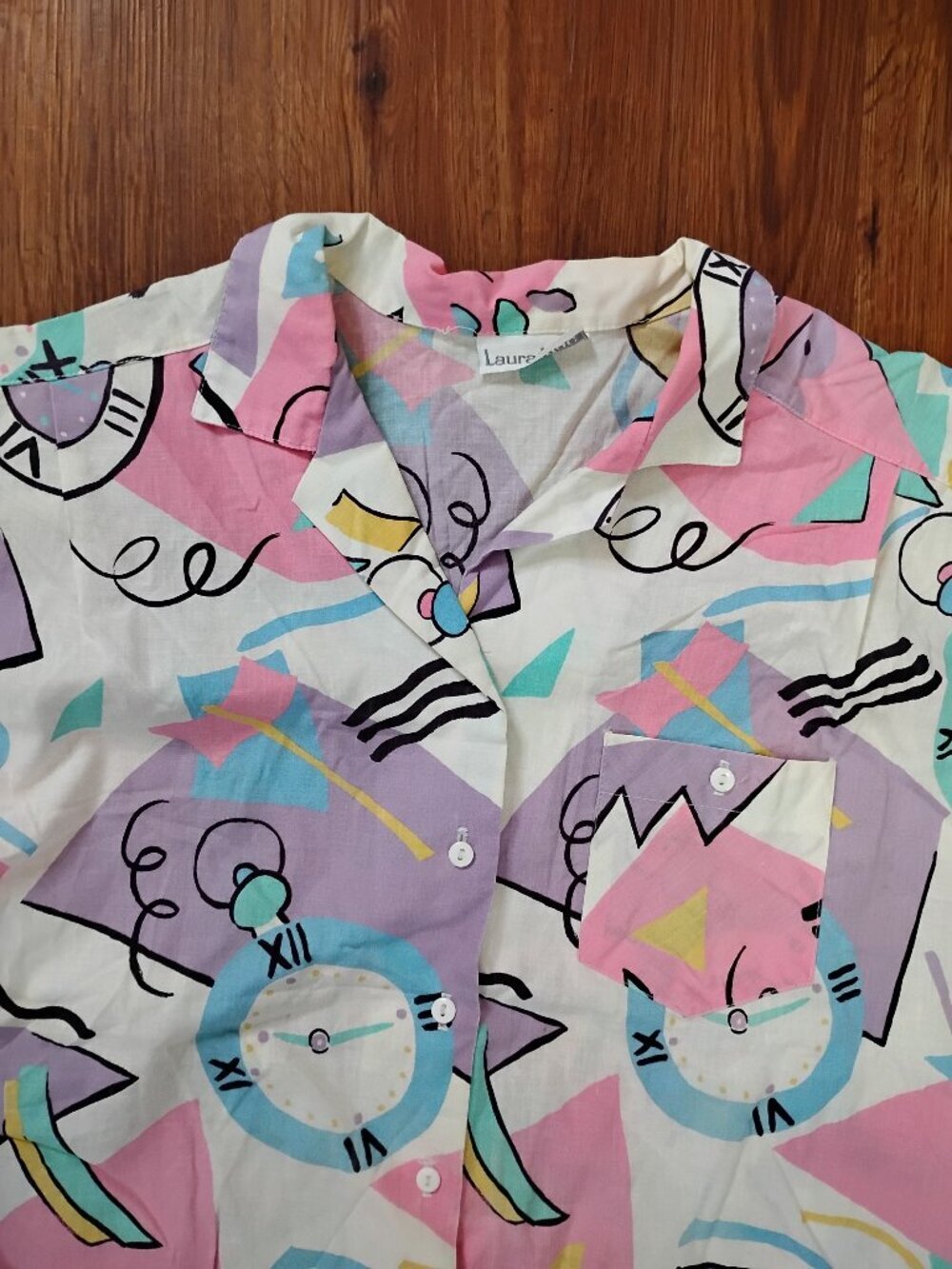 Vintage Laura Mae Abstract Geometric Clock Time Button Shirt Blouse Top